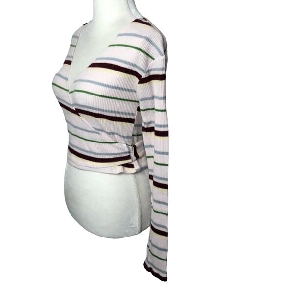 Urban Outfitters Out From Under Top Large Striped Ribbed Wrap V Neck Long Sleeve - Picture 2 of 7